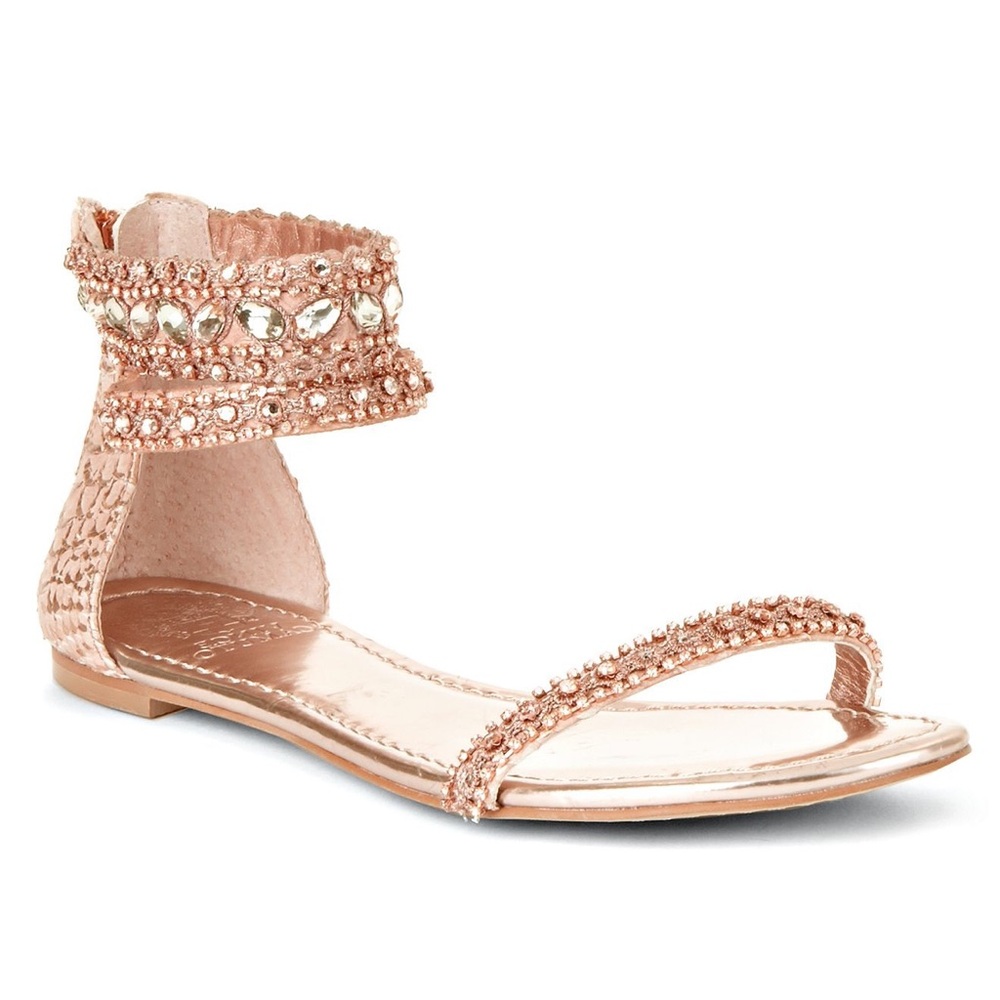 Vince Camuto Bellini Rose Gold Flat Sandals Rhinestones
Ankle Straps Sz. 8.5 NEW